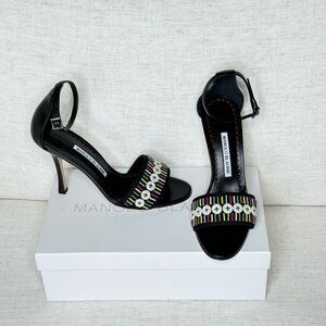 Manolo Blahnik Black Leather Beaded Sandals W Buttons |Size 37 1/2‎